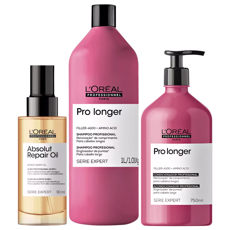 Três produtos da linha L'Oréal Professionnel: um frasco de óleo Absolut Repair, um frasco de shampoo Pro Longer e um frasco de condicionador Pro Longer, com embalagens em tons de rosa e dourado.