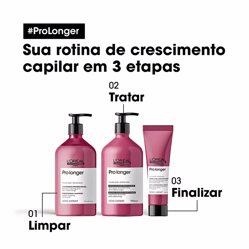 Três produtos da linha Prolonger da L'Oréal Professionnel: um shampoo em frasco de 750ml, um condicionador também em frasco de 750ml e um creme finalizador em tubo. Todos os produtos apresentam embalagens de cor rosa e rótulos com o nome da linha.