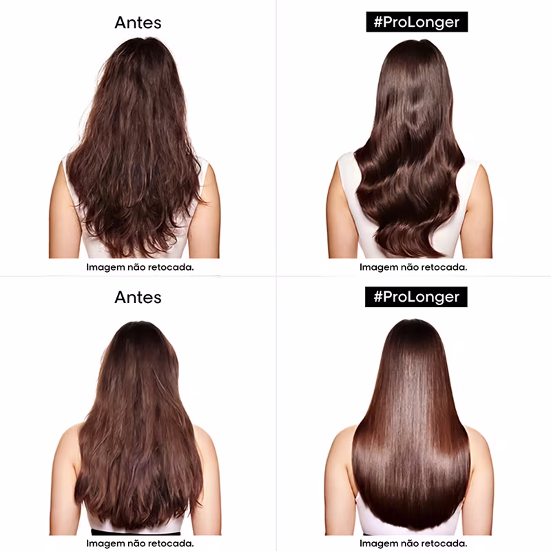 O produto L'Oréal Professionnel #ProLonger apresenta imagens comparativas do antes e depois do tratamento, mostrando o efeito de prolongamento dos fios de cabelo escuros e lisos.