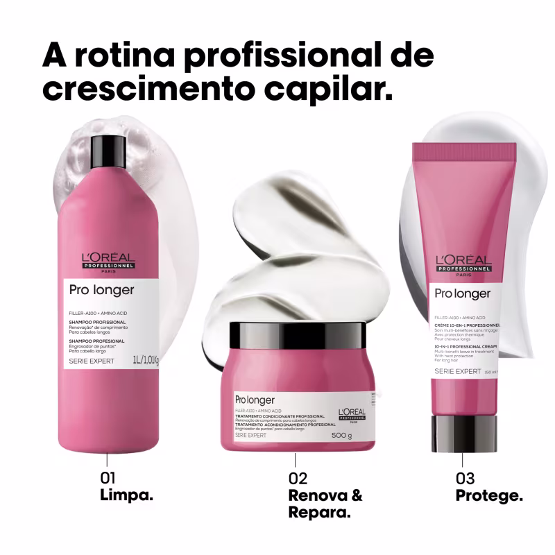 A linha de produtos profissionais da L'Oréal Paris chamada Pro Longer, com shampoo, tratamento condicionante e creme de tratamento em embalagens rosa e brancas, promovendo crescimento capilar.