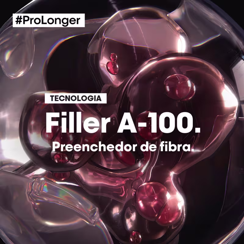 Filler A-100, um preenchedor de fibra da tecnologia ProLonger da L'Oréal Professionnel, apresentado em frascos de vidro com um líquido avermelhado e brilhante.