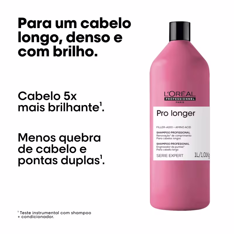 Frasco rosa da linha Pro Longer da L'Oréal Professionnel, com informações sobre o produto para cabelos longos, densos e brilhantes, com destaque para a tecnologia 5x mais brilhante e menor quebra de cabelo.