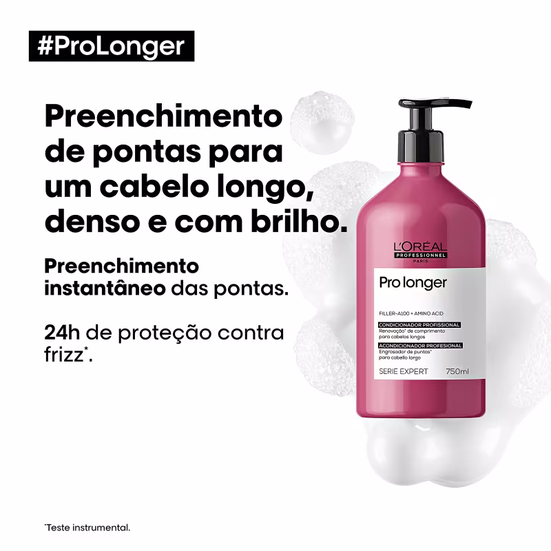 O produto apresentado é um condicionador profissional da linha Pro Longer da L'Oréal Professionnel, em embalagem de 750ml com bomba dosadora.
