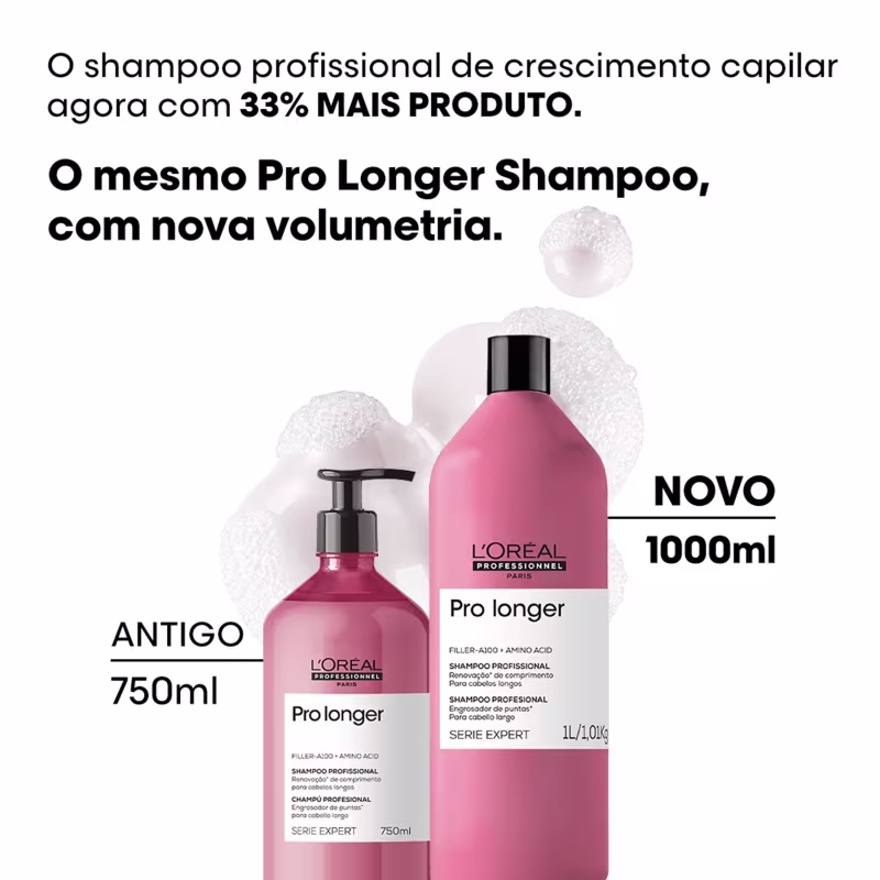 O shampoo profissional de crescimento capilar da L'Oréal Professionnel, agora com 33% mais produto, em embalagens de 750ml e 1000ml, com nova volumetria.
