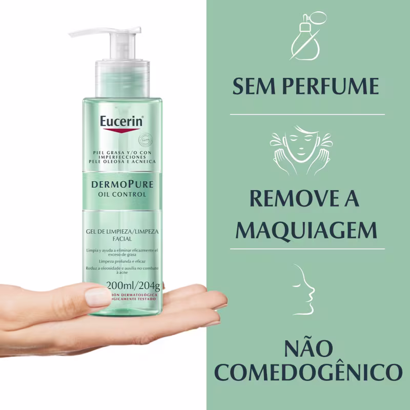 Frasco de gel de limpeza facial Eucerin Dermopure Oil Control, com 200ml/204g, em embalagem verde clara com rótulo destacando o controle de oleosidade e impurezas da pele.