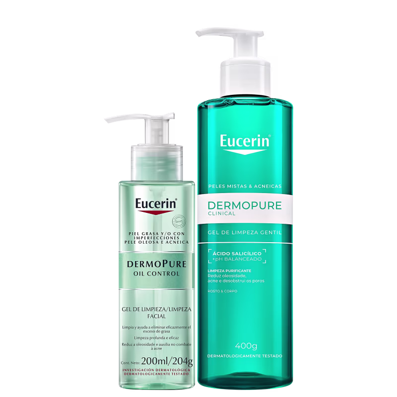 Dois produtos da marca Eucerin: um gel de limpeza facial Dermopure Oil Control e um gel de limpeza gentil Dermopure Clinical, ambos em embalagens plásticas com cores predominantes de verde e branco.