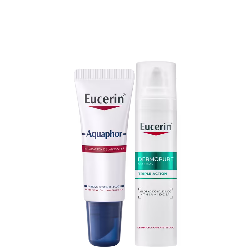 Dois produtos Eucerin: um tubo de creme Aquaphor para reparação de lábios secos e ressecados, e um frasco de spray Dermopure para ação tripla no cuidado da pele.
