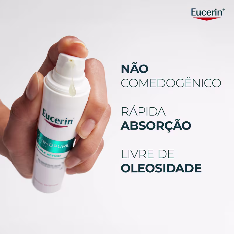 Não comedogênico, rápida absorção, livre de oleosidade, de acordo com o texto presente na imagem do produto de beleza da marca Eucerin.