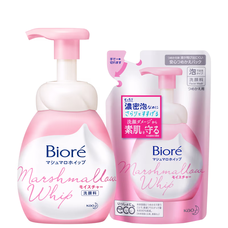 Dois frascos de produtos de beleza da marca Bioré, com embalagens de cor rosa e branca. O produto principal é um sabonete líquido facial com textura de marshmallow, e o outro é um refil para o mesmo.