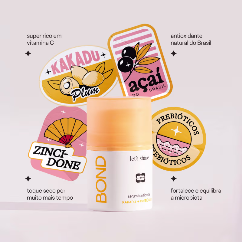 Sérum tonificante Bond Rio com embalagem laranja e branca, com texto de informações sobre os ingredientes Kakadu, açaí e prebióticos.
