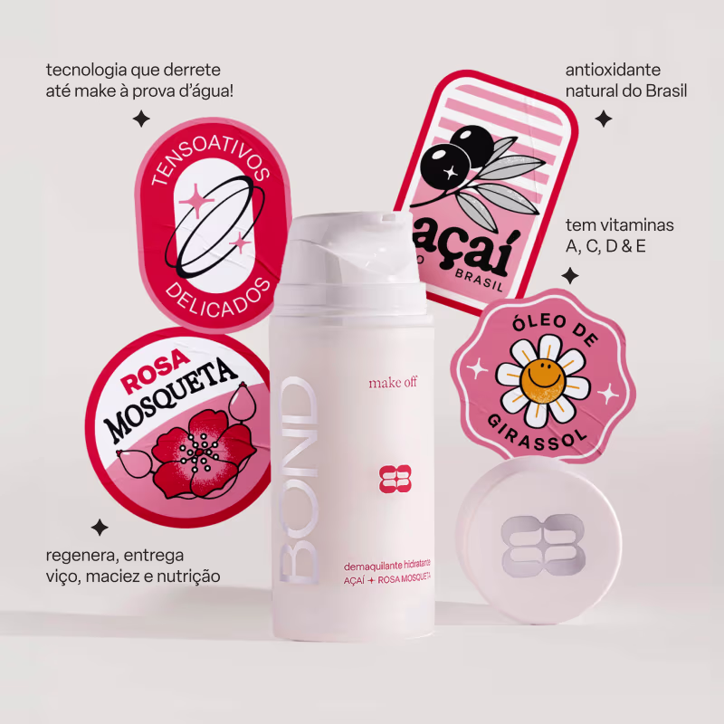 Demaquilante Make Off da marca Bond Rio, com embalagem branca e detalhes em vermelho, rosa e preto. Contém texto com informações sobre os ingredientes naturais, como açaí e rosa mosqueta, além de propriedades antioxidantes e vitaminas.