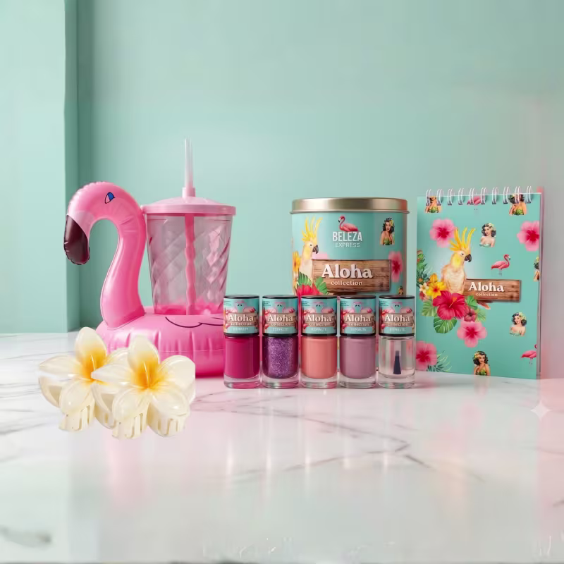 Kit presente esmaltes e lembrancinhas Aloha Flamingos Retrô.