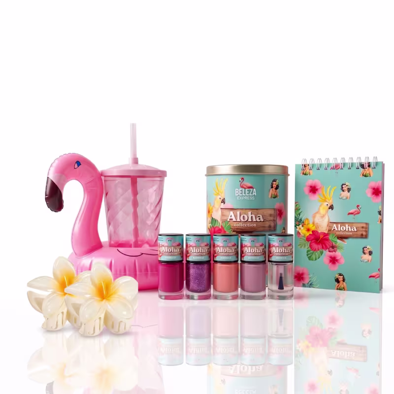 Kit presente esmaltes e lembrancinhas Aloha Flamingos Retrô.