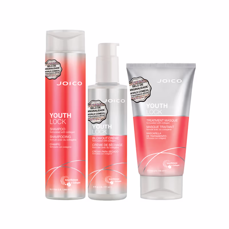 Conjunto de produtos Joico Youth Lock, incluindo shampoo, leave-in e máscara de tratamento, em embalagens brancas e laranja com rótulos destacados.