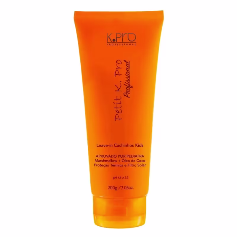 Tubo laranja com rótulo da marca K.Pro contendo produto para cabelos infantis, com informações sobre aprovação pediátrica, ingredientes e proteção térmica e solar.