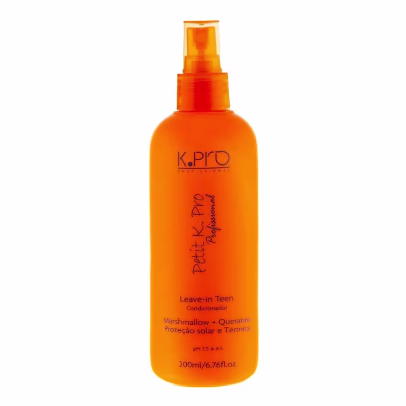 Frasco de spray laranja da linha K.Pro, com rótulo indicando "Leave-in Teen Condicionador" e informações sobre proteção solar e térmica.