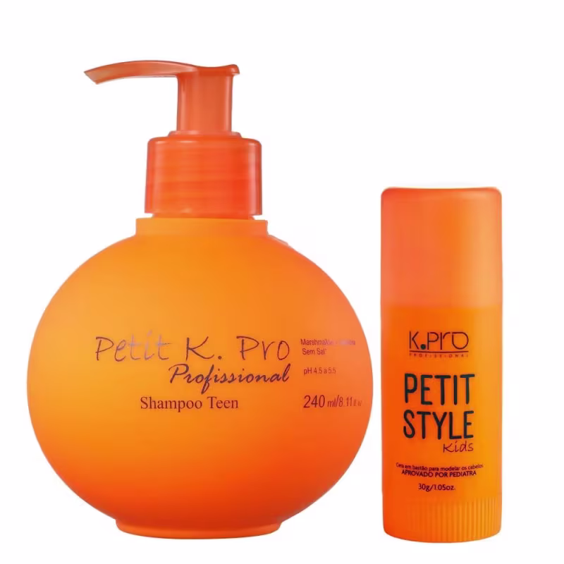 Kit K.Pro Petit com Shampoo 240ml + cera em bastão Style 30g, com embalagens em tom laranja