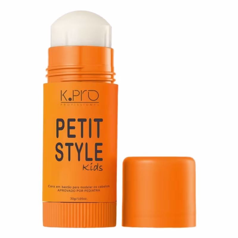 Produto de beleza K.Pro Petit Style Kids, um bastão de cera para modelar os cabelos, com embalagem laranja e branca, aprovado por pediatra.