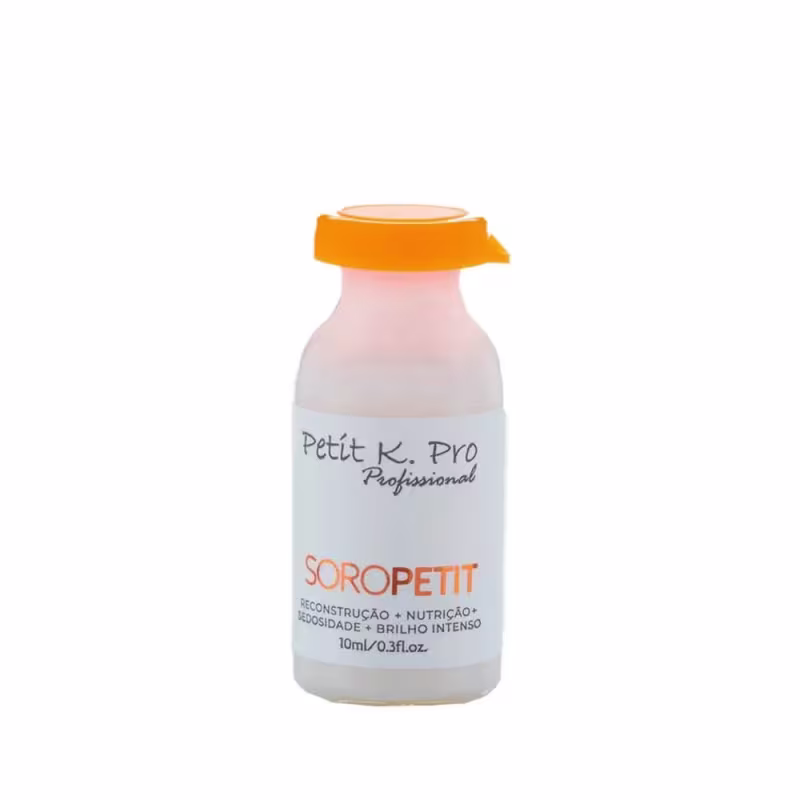 Frasco de 10 ml da linha Soropetit da marca Petit K. Pro, com tampa laranja e rótulo branco contendo informações sobre o produto, como "Reconstrução + Nutrição + Brilho Intenso".