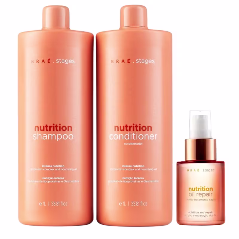 kit Braé Stages Nutrition Shampoo 1L + Condicionador 1L + Hair Oil 60ml