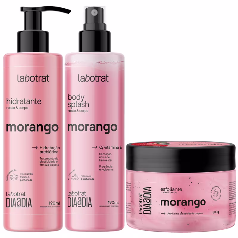 Kit Body Splash + Esfoliante + Hidratante Corpo E Rosto Labotrat Cheiro De Fruta Morango 300g