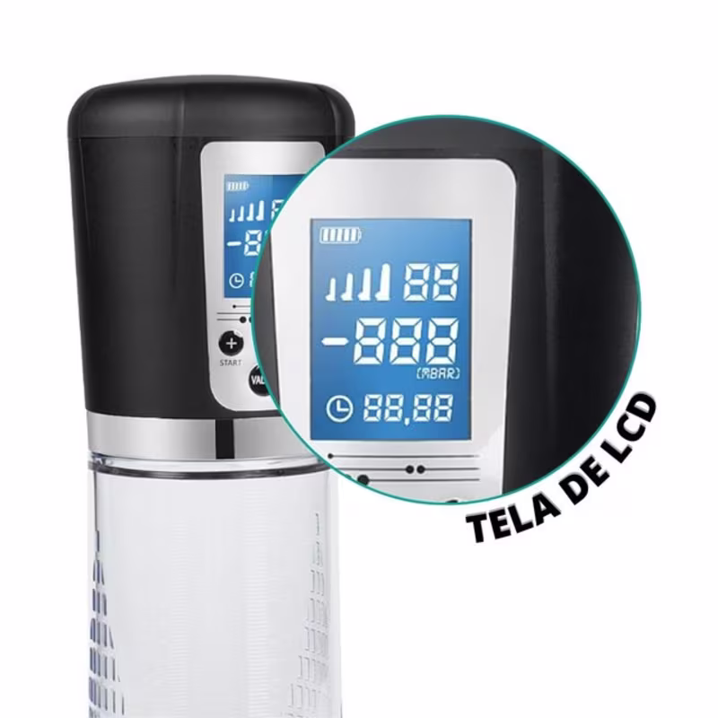 Bomba Desenvolvedora Peniana Pressão Automática Bocal de Silicone 28cm x 6cm 4 Intensidades Monitor LCD