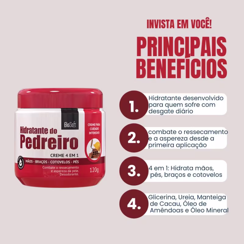 Hidratante Creme Do Pedreiro Potente Pé Mãos Braços Cotovelo