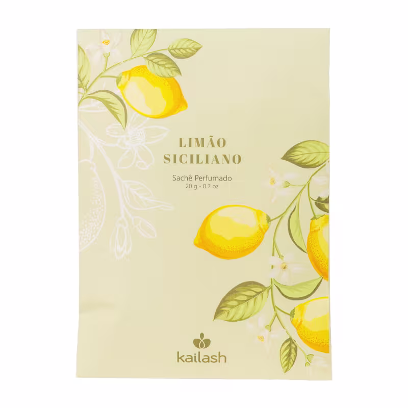 Sachê perfumado Limão Siciliano da marca Kailash, com embalagem em tons de amarelo e verde, destacando a ilustração de limões e folhas em um fundo claro.