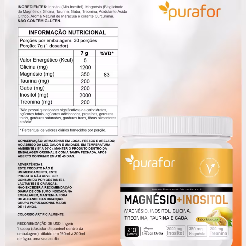 Kit 2x Magnésio com Inositol, Glicina, Taurina, Treonina e GABA – 210g Purafor