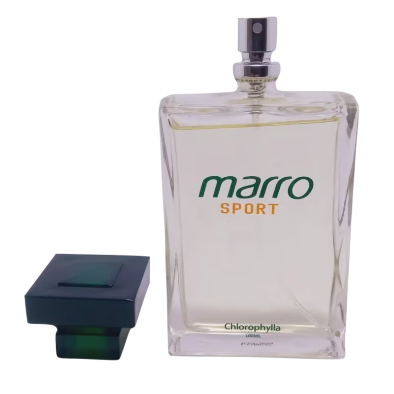 Frasco de perfume Marro Sport da marca Chlorophylla, com embalagem de vidro transparente e rótulo verde e amarelo. O produto possui 100ml de volume.