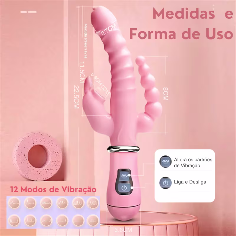 Vibrador 3 em 1 Feminino Recarregável – Estímulo Clitoriano, Anal e Ponto G