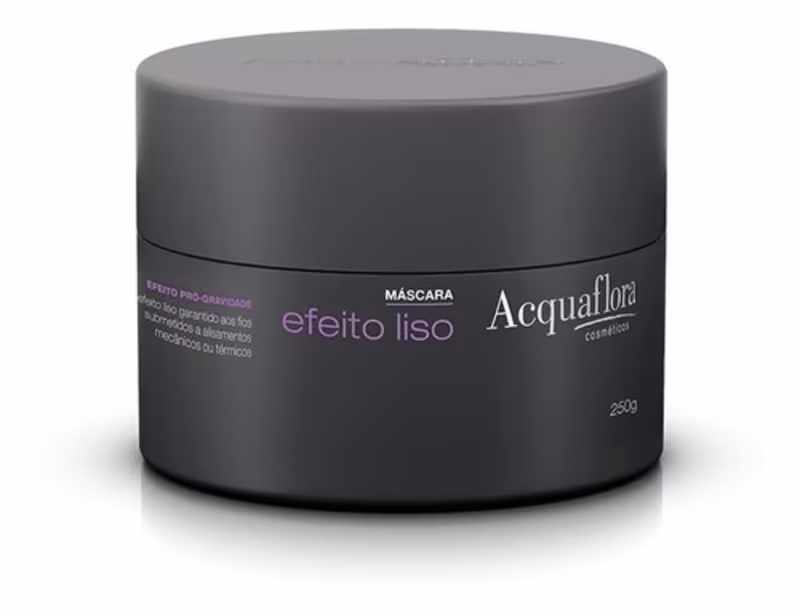 Embalagem preta opaca de máscara capilar Acquaflora com texto "Efeito liso" em letras brancas. Recipiente cilíndrico com tampa rosqueável, contendo 250g do produto.