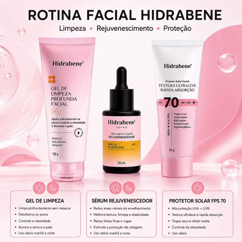 Kit Rotina Facial Rejuvenescedora Hidrabene com Sérum Gel de Limpeza Profunda e Protetor Solar FPS70