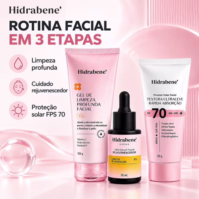 Kit Rotina Facial Rejuvenescedora Hidrabene com Sérum Gel de Limpeza Profunda e Protetor Solar FPS70