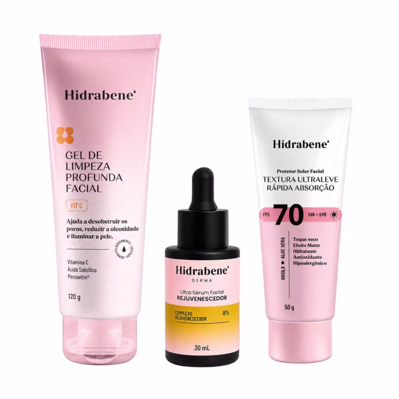 Kit Rotina Facial Rejuvenescedora Hidrabene com Sérum Gel de Limpeza Profunda e Protetor Solar FPS70