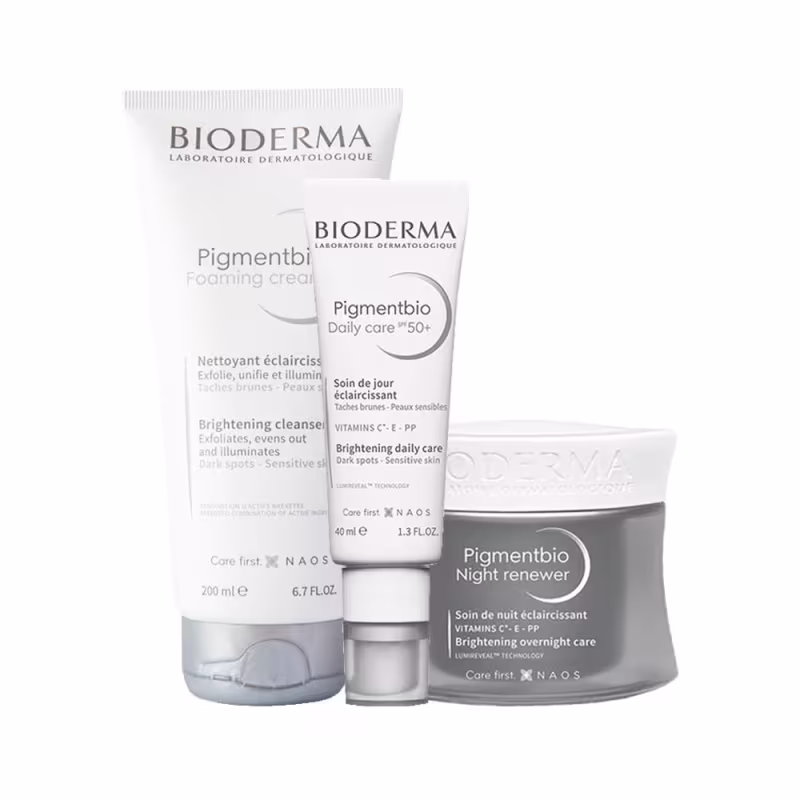 Kit Bioderma Pigmentbio com Sabonete Esfoliante, Creme Facial Noturno e Gel Creme