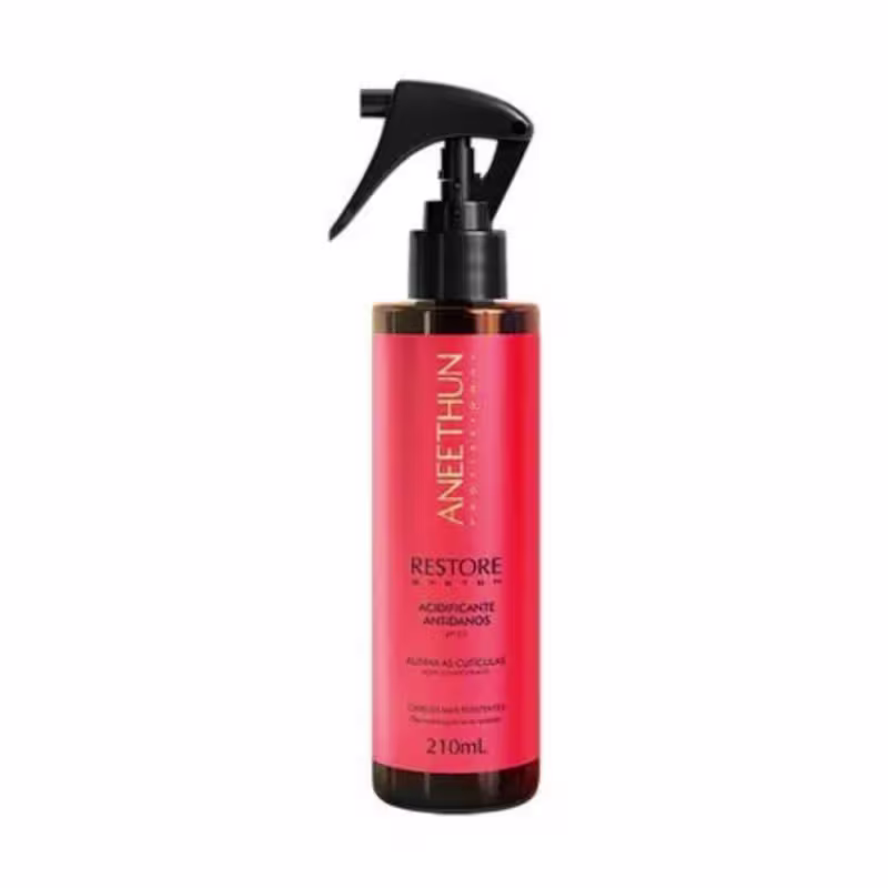 Acidificante em frasco plástico vermelho. Possui um borrifador preto na parte superior. Rótulo com o nome do produto "Restore". Volume de 210ml indicado na embalagem.