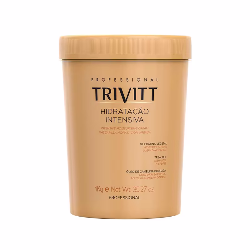 Hidratação Intensiva Trivitt, creme hidratante profissional em embalagem de 1kg.  Abaixo, estão listados os ingredientes: queratina vegetal, trealose e óleo de camelina dourada.