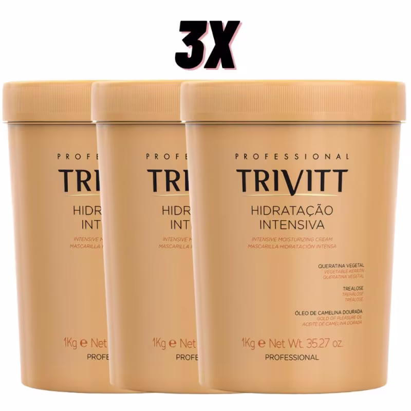 Três potes grandes de creme hidratante intensivo para cabelos. Cada pote contém 1kg e exibe o nome "Trivitt Hidratação Intensiva" parte frontal. Abaixo estão listados alguns dos ingredientes principais, como queratina vegetal, trealose e óleo de camélias.
