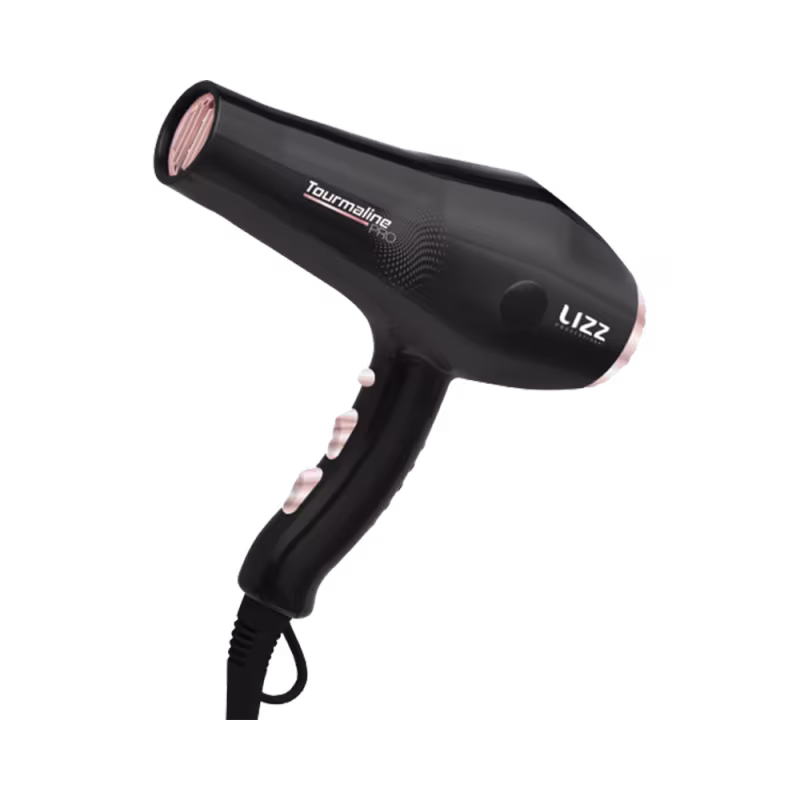 Secador de cabelo Tourmaline da Lizz Professional, com design compacto e corpo preto. Apresenta o nome da marca "Lizz" em destaque na lateral do aparelho.
