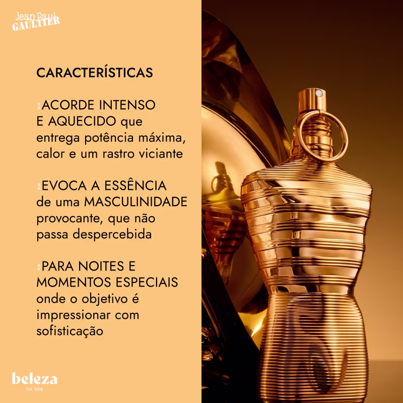 Frasco de item de perfumaria com texto das "CARACTERISTICAS"