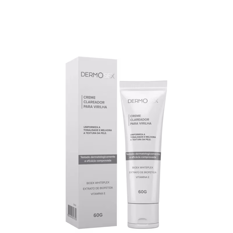 O produto apresentado é um creme clareador para virilha da marca Dermosex. Traz o produto em forma de bisnaga e a caixa do produto.
