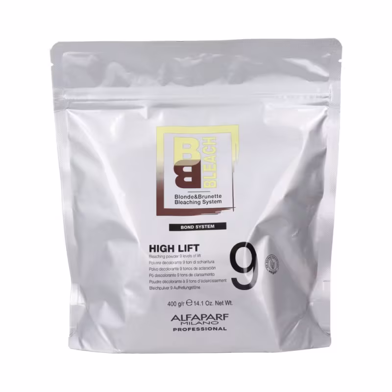 A imagem mostra um pacote plástico metalizado identificado como "High Lift 9" e contém 400g. O design do pacote apresenta o logotipo da Alfaparf e as informações do produto em inglês.
