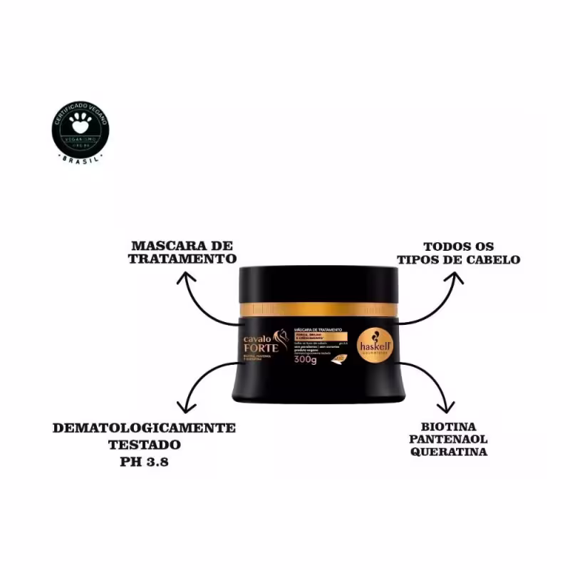 A imagem mostra a máscara da linha cavalo forte e ao lado textos destacam benefícios.