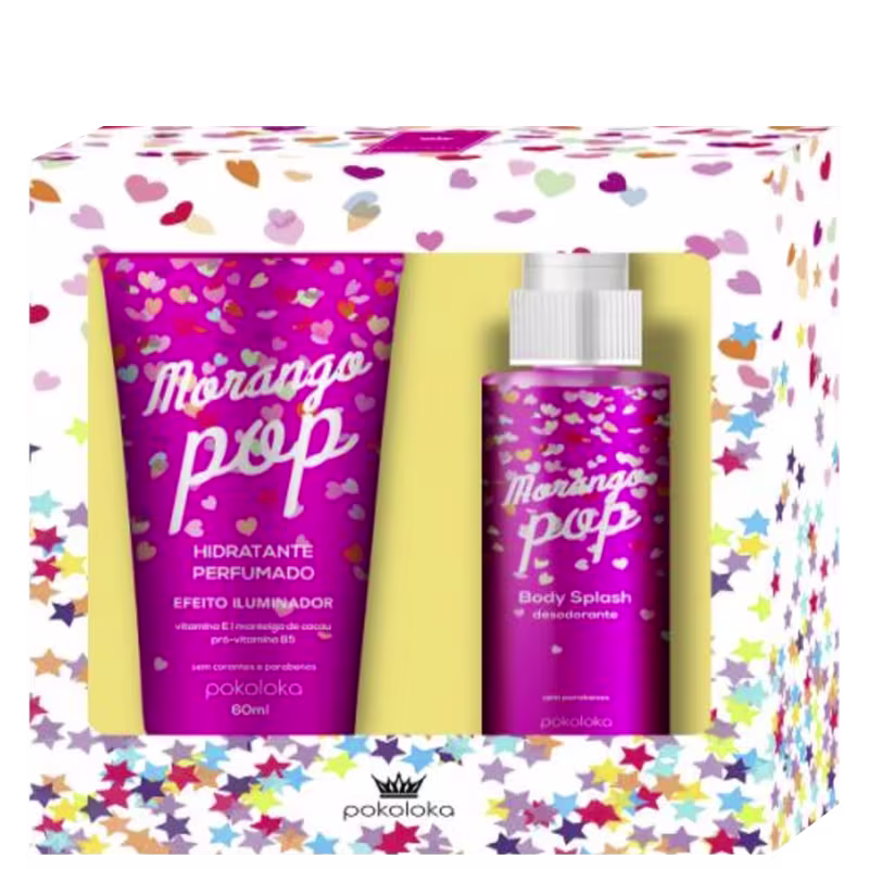 Kit Pokoloka Morango Pop com 1 Hidratante Perfumado Morango Pop 60mL e 1 Body Splash Morango Pop 60mL.