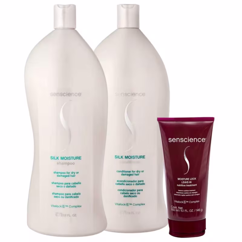 Um frasco de shampoo e um de condicionador com um litro cada. Ao lado, um tubo com leave-in contendo 150ml.