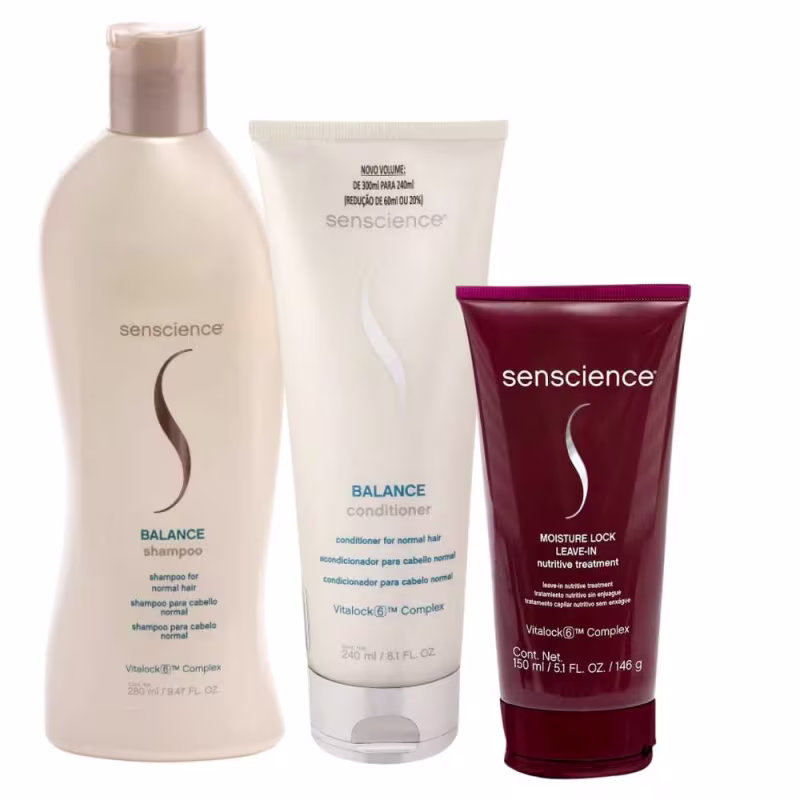 A imagem mostra três produtos da marca Senscience: um frasco de shampoo Balance, um tubo de condicionador Balance e um tubo de tratamento leave-in Moisture Lock.