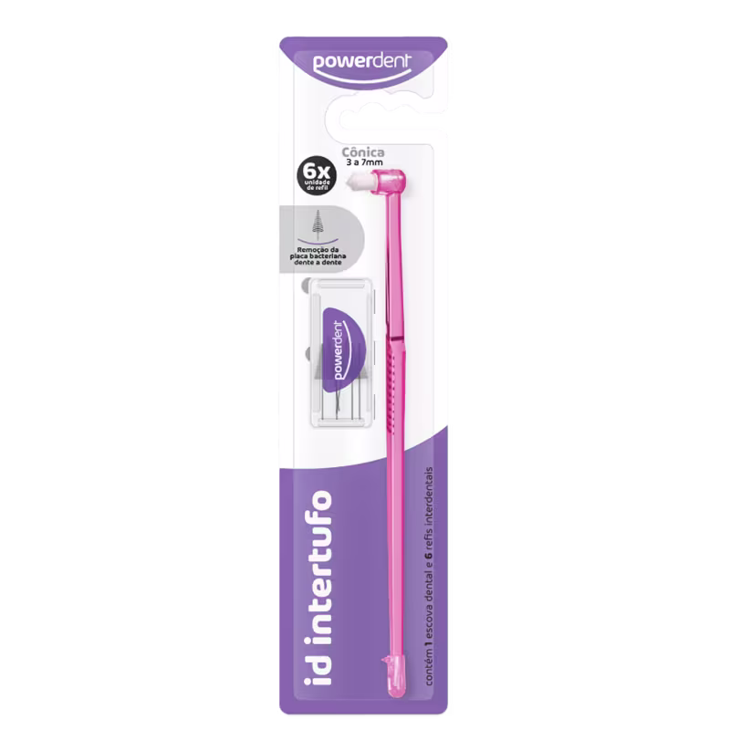 Produto Powerdent Cónica, com escova dental rosa e embalagem roxa e branca. Apresenta texto informando sobre a remoção de placa bacteriana e 6x mais duração da escova.