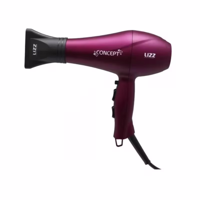 Secador de cabelos da marca Lizz Professional. Trata-se de um secador de mão com design compacto e formato ergonômico. A cor predominante é um tom de rosa escuro, com detalhes em preto.