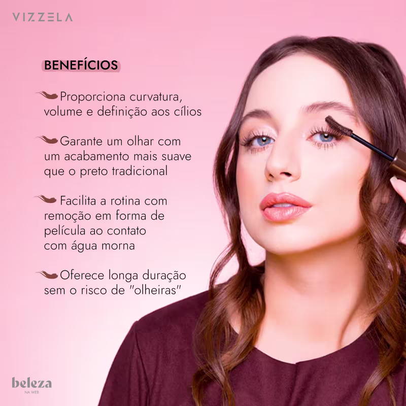 Benefícios: Proporciona curvatura, volume e definição aos cílios; Garante um olhar com acabamento mais suave que o preto tradicional; Facilita a rotina com remoção em forma de película ao contato com água morna; Longa duração sem o risco de "olheiras".